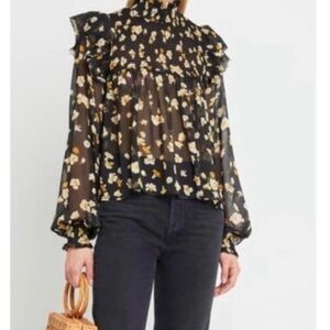 Anthropologie O.P.T. Floral Smocked Neck Blouse
